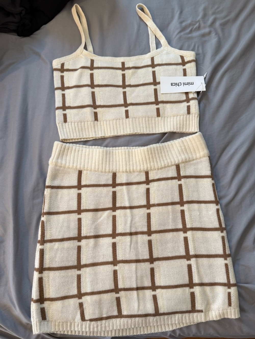 mini chira Cream & Brown Knit Two-Piece Set
